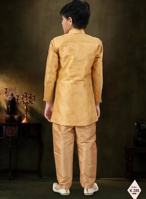Gold dupion silk embroidered indo western set for boys 3