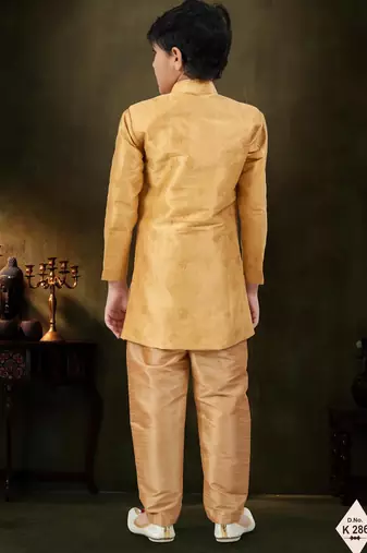 Gold dupion silk embroidered indo western set for boys
