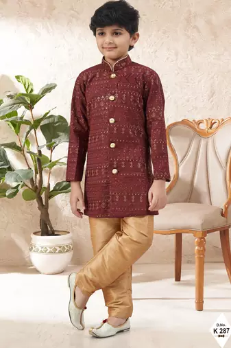 Maroon dupion silk embroidered indo western set for boys