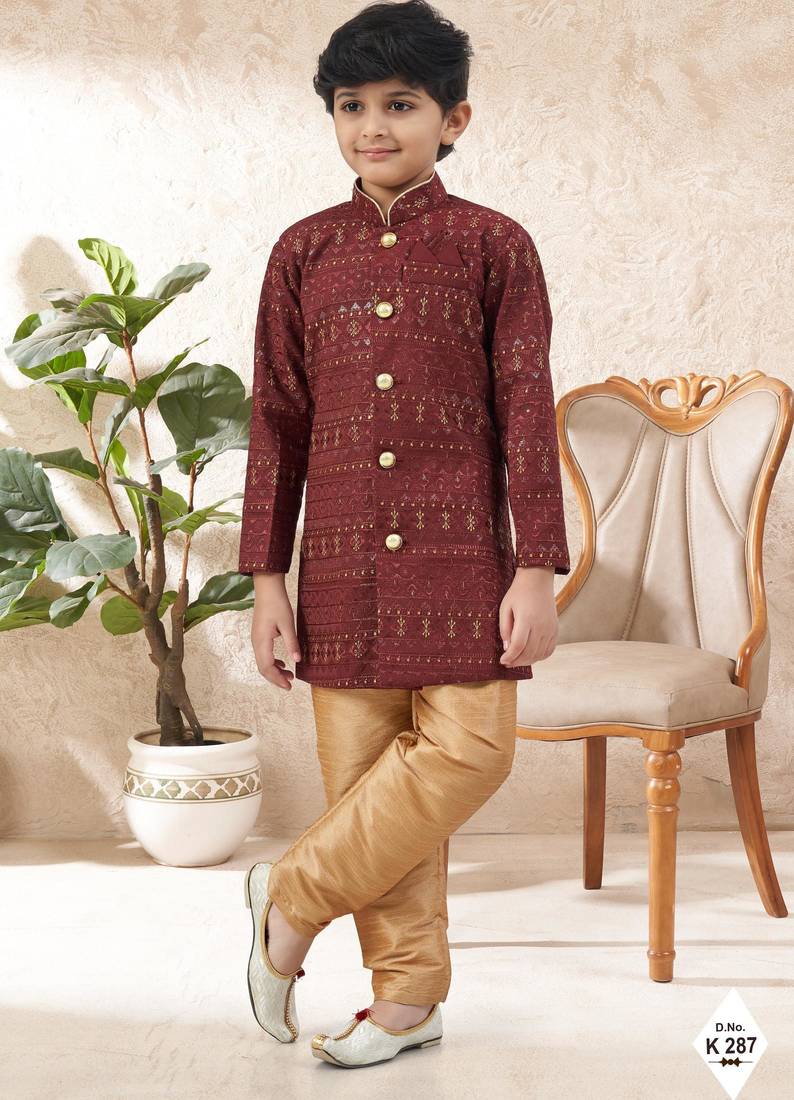 Maroon dupion silk embroidered indo western set for boys