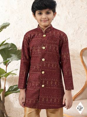 Maroon dupion silk embroidered indo western set for boys 2