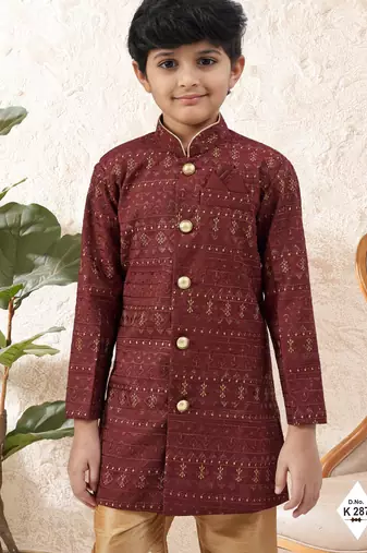 Maroon dupion silk embroidered indo western set for boys