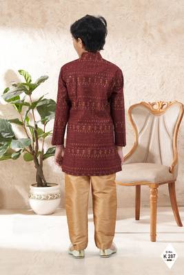 Maroon dupion silk embroidered indo western set for boys 3