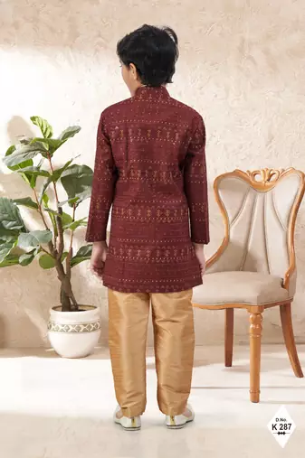 Maroon dupion silk embroidered indo western set for boys
