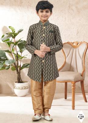 Green dupion silk embroidered indo western set for boys 1