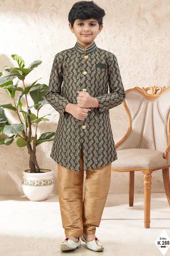 Green dupion silk embroidered indo western set for boys