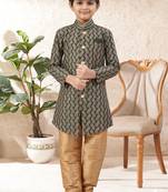 Green dupion silk embroidered indo western set for boys