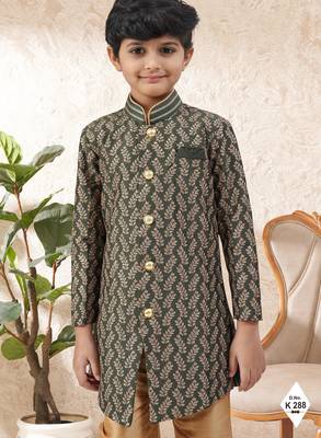 Green dupion silk embroidered indo western set for boys 2