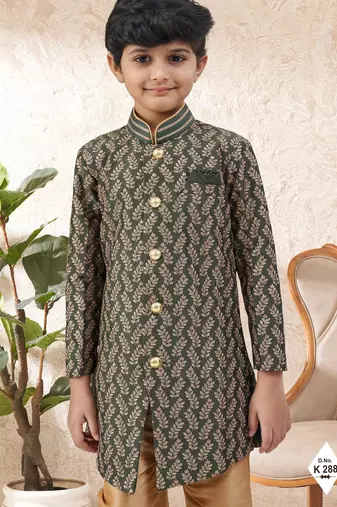Green dupion silk embroidered indo western set for boys