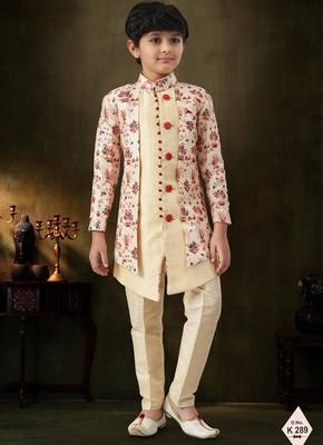 Blue dupion silk embroidered indo western set for boys 1