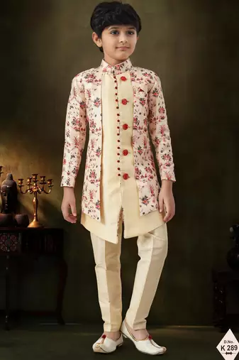 Blue dupion silk embroidered indo western set for boys