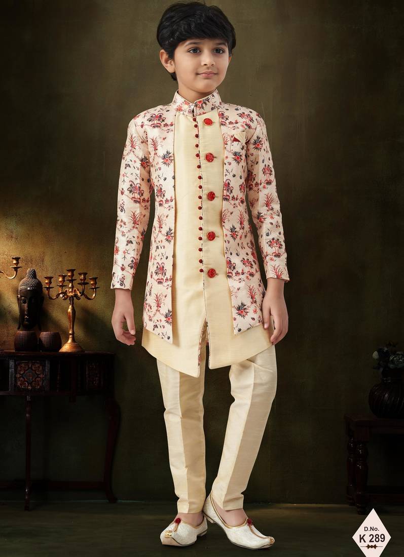 Blue dupion silk embroidered indo western set for boys