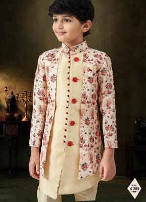 Blue dupion silk embroidered indo western set for boys 2