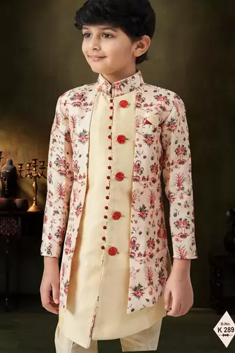 Blue dupion silk embroidered indo western set for boys