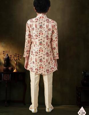 Blue dupion silk embroidered indo western set for boys 3