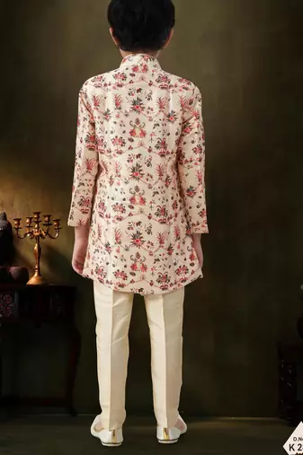 Blue dupion silk embroidered indo western set for boys