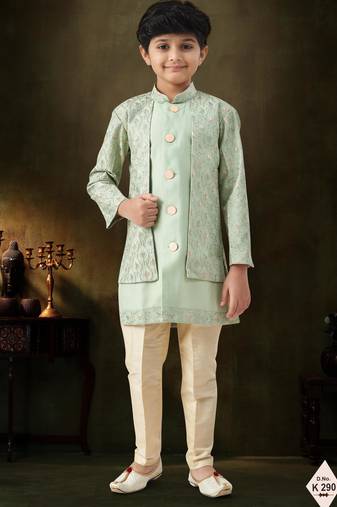 Green dupion silk embroidered indo western set for boys