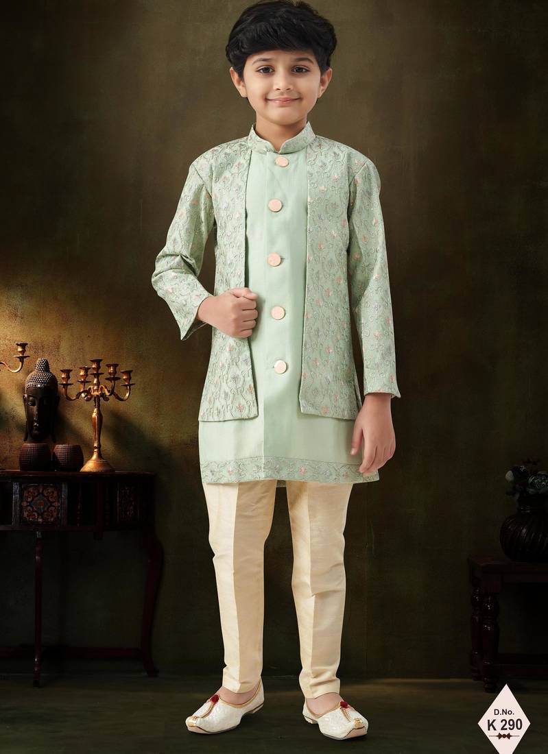 Green dupion silk embroidered indo western set for boys