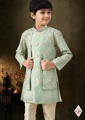 Green dupion silk embroidered indo western set for boys 2