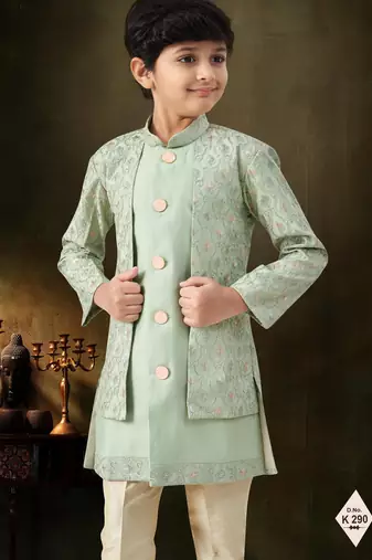 Green dupion silk embroidered indo western set for boys