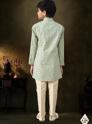 Green dupion silk embroidered indo western set for boys 3