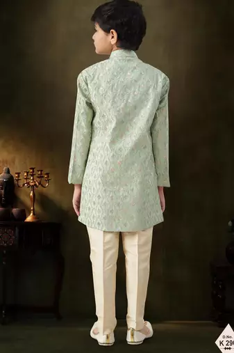 Green dupion silk embroidered indo western set for boys