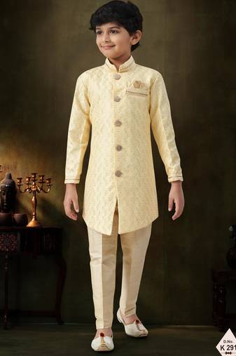 Yellow dupion silk embroidered indo western set for boys