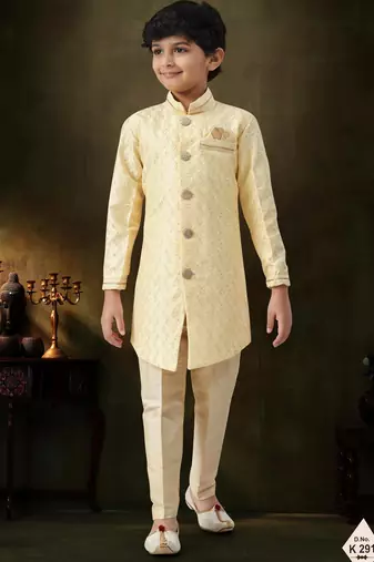 Yellow dupion silk embroidered indo western set for boys