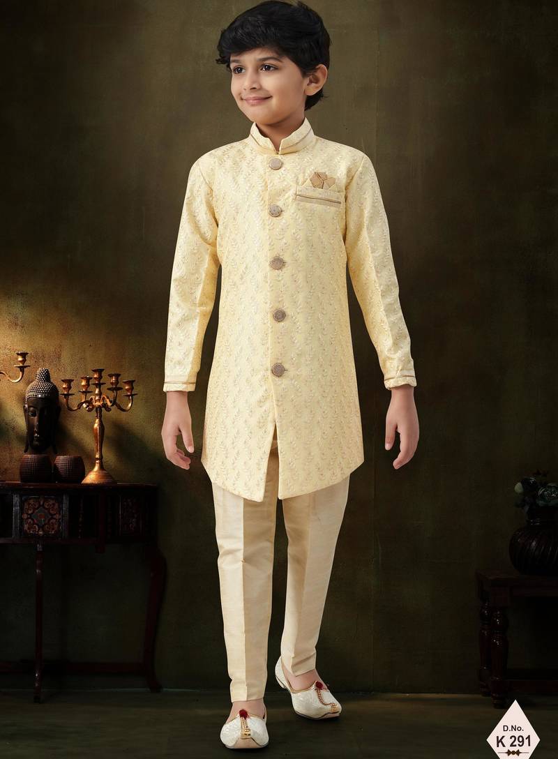 Yellow dupion silk embroidered indo western set for boys