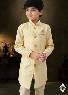 Yellow dupion silk embroidered indo western set for boys 2