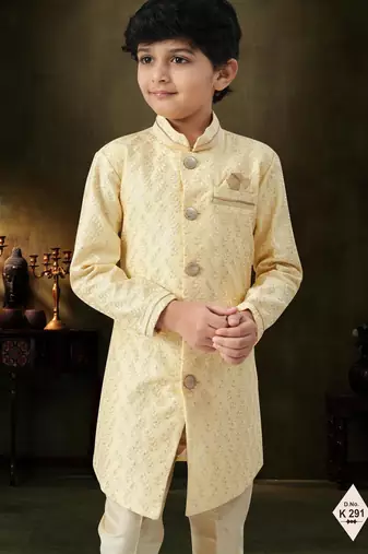 Yellow dupion silk embroidered indo western set for boys
