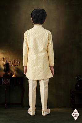 Yellow dupion silk embroidered indo western set for boys 3