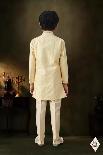 Yellow dupion silk embroidered indo western set for boys