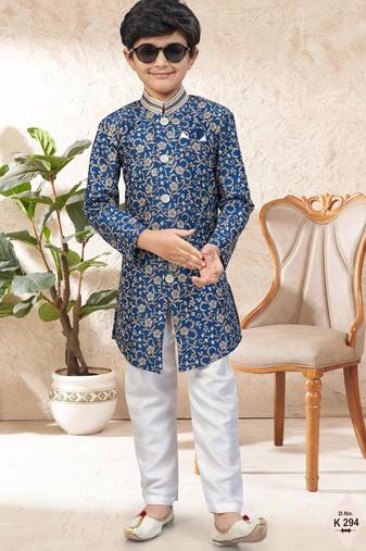 Blue dupion silk embroidered indo western set for boys