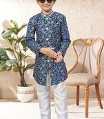 Blue dupion silk embroidered indo western set for boys