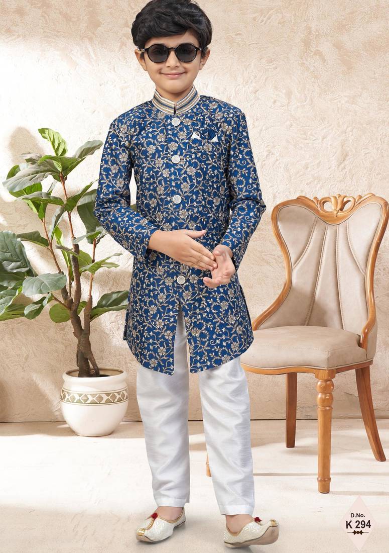 Blue dupion silk embroidered indo western set for boys