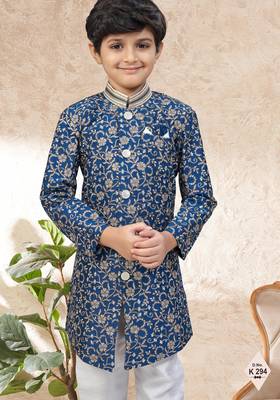 Blue dupion silk embroidered indo western set for boys 2