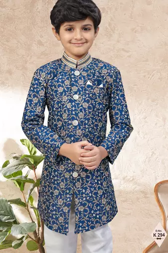 Blue dupion silk embroidered indo western set for boys