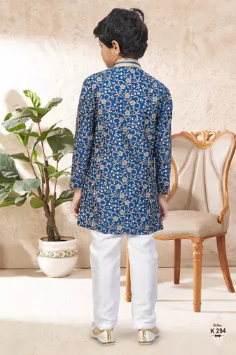 Blue dupion silk embroidered indo western set for boys