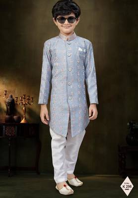 Grey dupion silk embroidered indo western set for boys 1