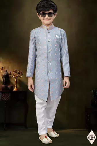 Grey dupion silk embroidered indo western set for boys