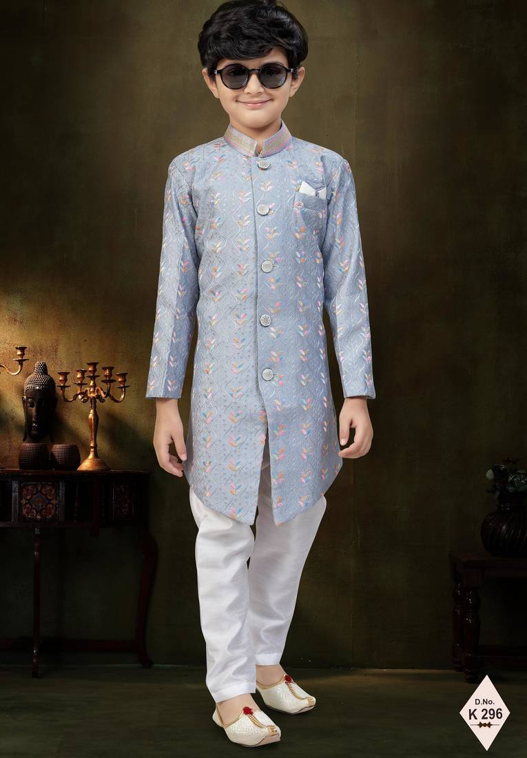 Grey dupion silk embroidered indo western set for boys
