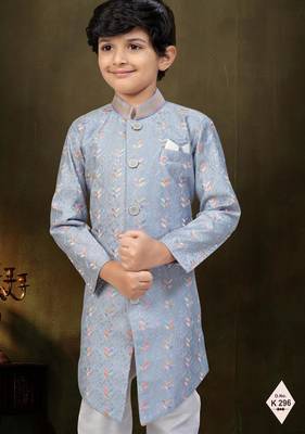 Grey dupion silk embroidered indo western set for boys 2