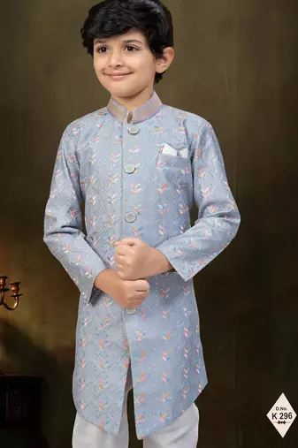 Grey dupion silk embroidered indo western set for boys