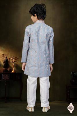 Grey dupion silk embroidered indo western set for boys 3