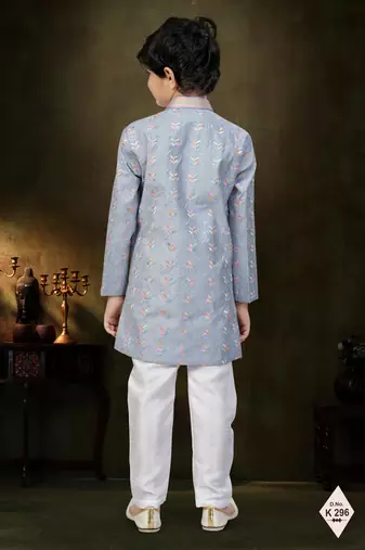 Grey dupion silk embroidered indo western set for boys