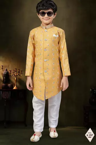 Yellow dupion silk embroidered indo western set for boys