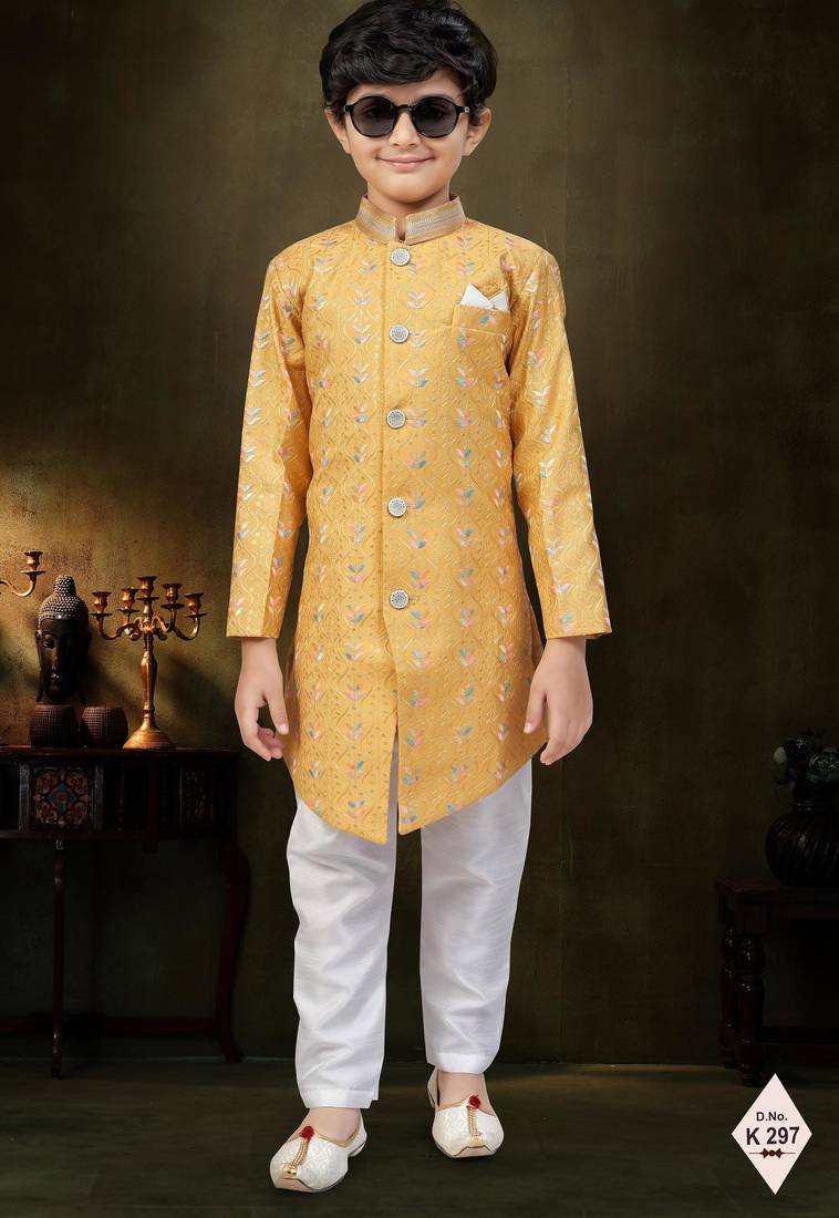 Yellow dupion silk embroidered indo western set for boys