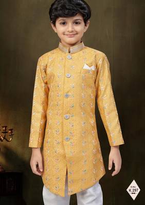 Yellow dupion silk embroidered indo western set for boys 2