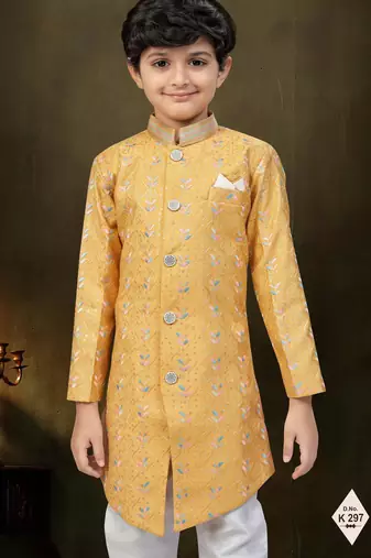 Yellow dupion silk embroidered indo western set for boys